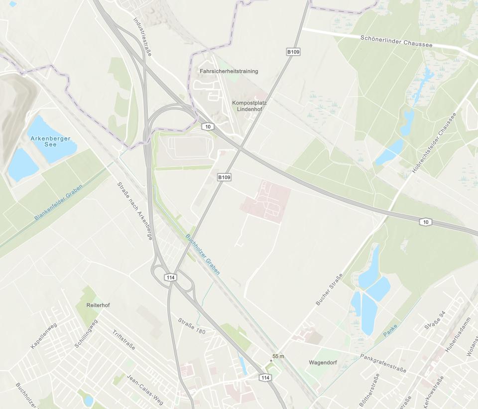 Map extract of the SLS29 site area in Berlin-Pankow / Französisch Buchholz with B109, A114 and A10 Berlin Ring